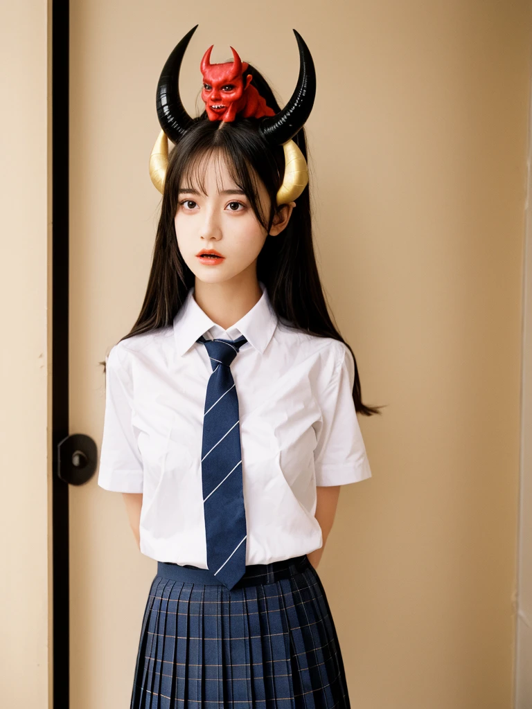 1female devil,realistic,horn on head,white shirt,pleated skirt,school uniform