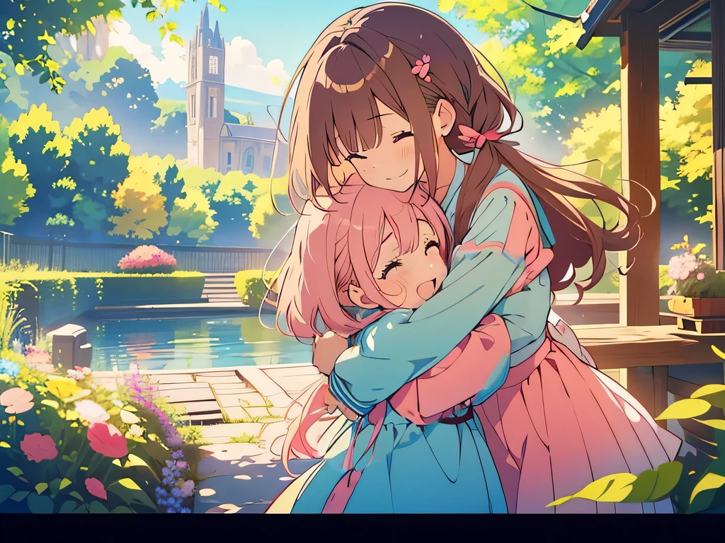 kawaii, anime, Cute, hyper quality, highly detailed, 8k, Clarity, Two girls with brown hair and pink hair, One person has long dark brown hair and green eyes., The other is a young girl with a bright pink short bob and scarlet eyes., Hug each other in Europe's natural water gardens, shed tears, A touching reunion, warm atmosphere, clear blue sky, jump on, whole body, clear air, planted flowers and greenery, Draw facial expressions in detail, highlight on eyes, Close your eyes and cry and laugh, pull perspective, hoodie, Uplifting, jump and hug, Draw the whole body of both of them, light dances, pink hair, Netherlands, pick up a , A small butterfly of light dances, with pink hair and short bob,