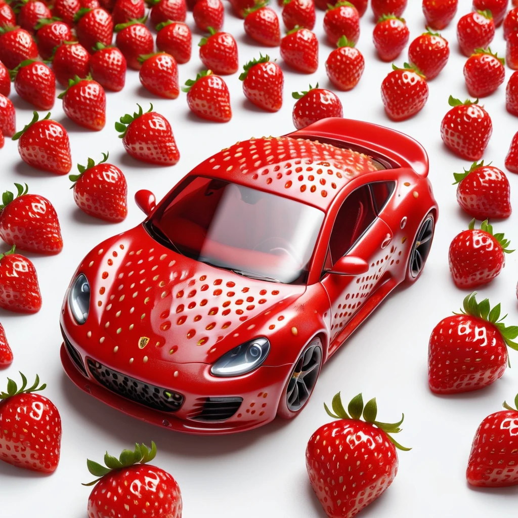 strawberry shaped like a  sport car , textured strawberry red skin, solo, very detailed, 4k, masterpiece, morph, subject, 8k, high quality, The surface of the strawberry is dotted with numerous small seeds and has a bright red color, which is typical for ripe strawberries, White Background,strwbrrxl, ral-strawberryjam
