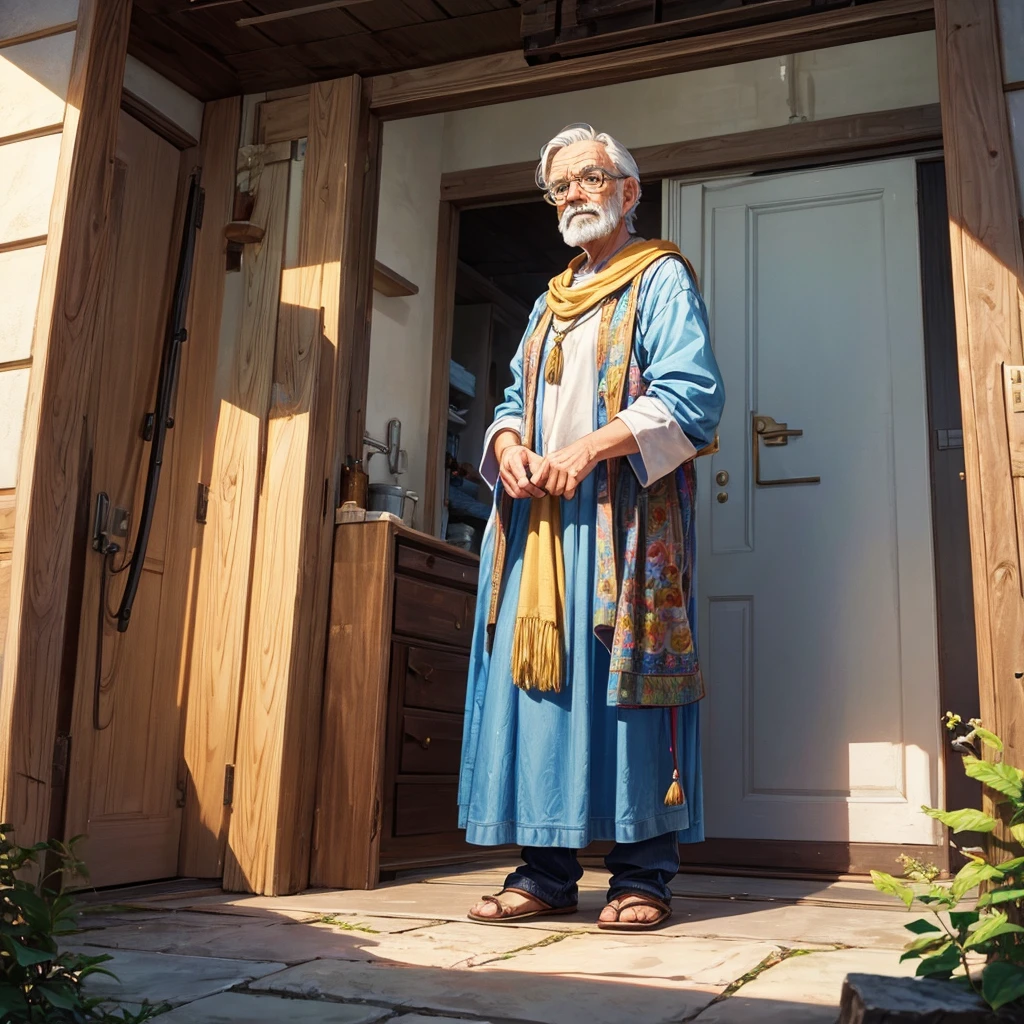 Old man notices that a woman has entered his premises and is looking at his paintings in wonder