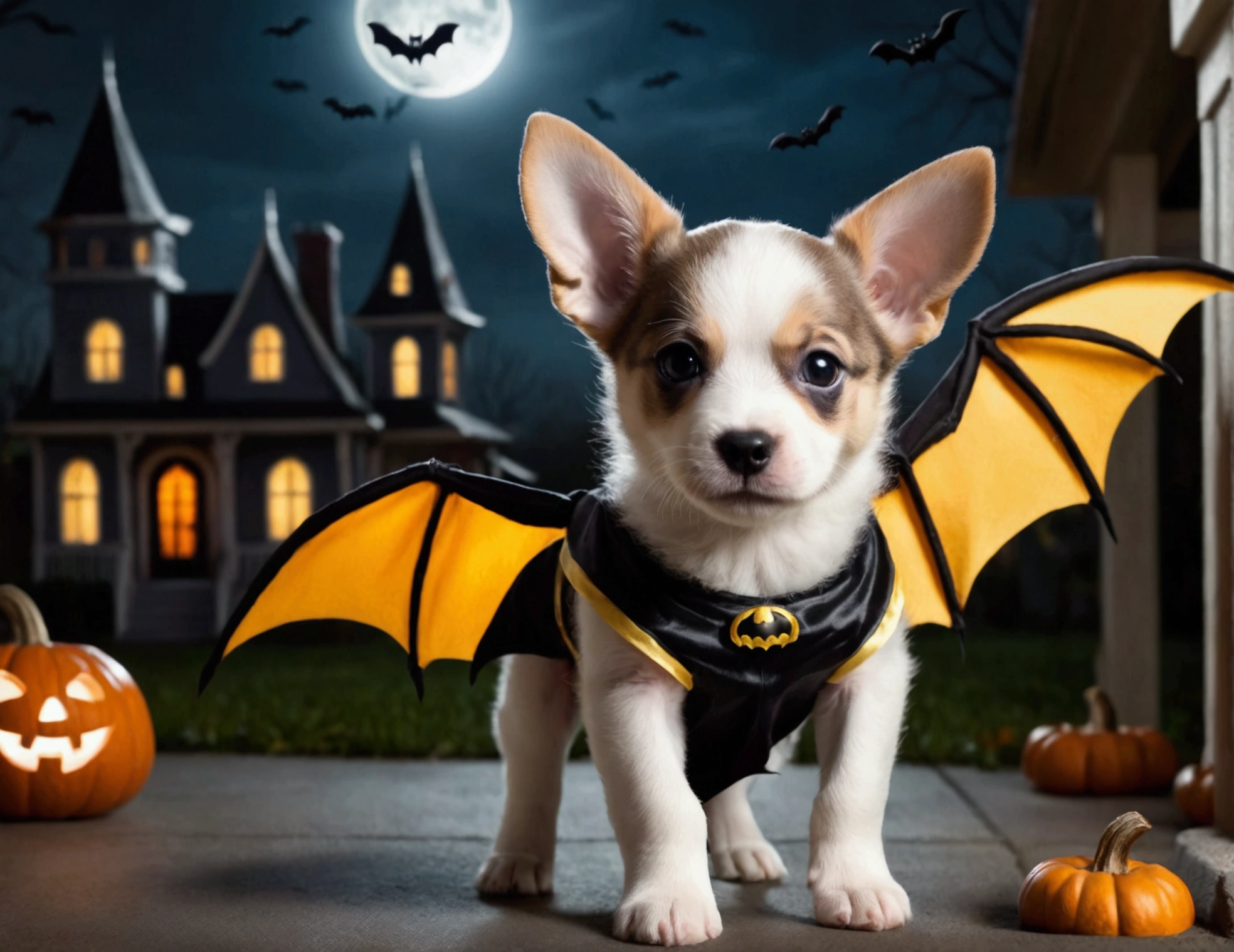 A puppy with bat wings, Halloween night, looking cute as he chases a in a princess costume