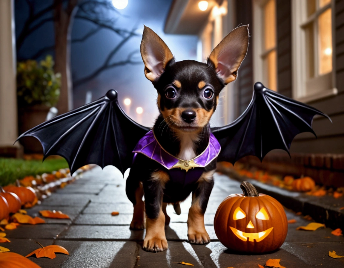 A puppy with bat wings, Halloween night, looking cute as he chases a in a princess costume