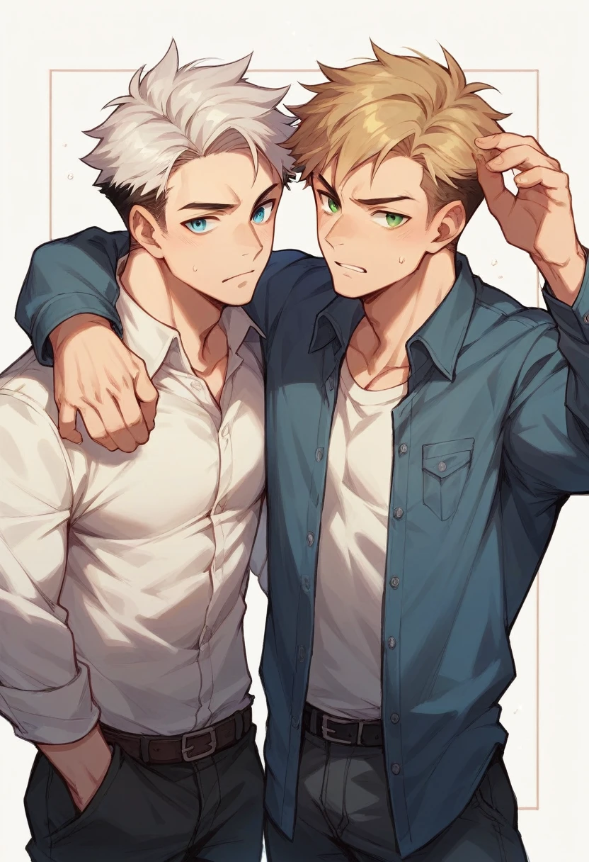 Two boys, one blond blue eyes and the other dark green eyes, both 16 years old, tighting