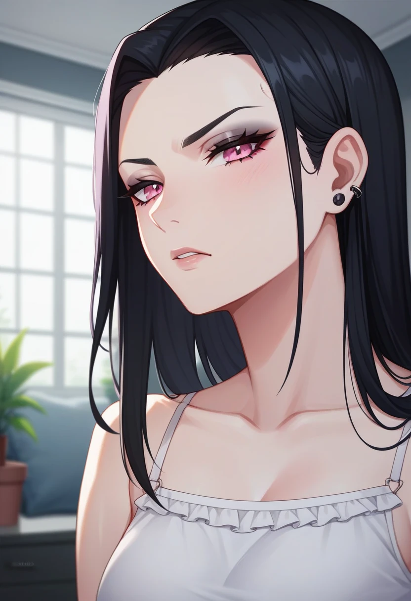 Adult, Female, long Black hair, goth girl, pink eyes gothic aesthetic, goth clothing, goth make up, thick thighs, medium chest, annoyed, disgruntled, bedroom, gothic bedroom, aesthetic bedroom, Masterpiece, Accurate, Anatomically Correct, Best Quality, High Details, Detail, Super Detailed, Best detail, Perfect detail, Amazing detail, [-3, 3], Close-Up, Looking at viewer, up close, headshot
