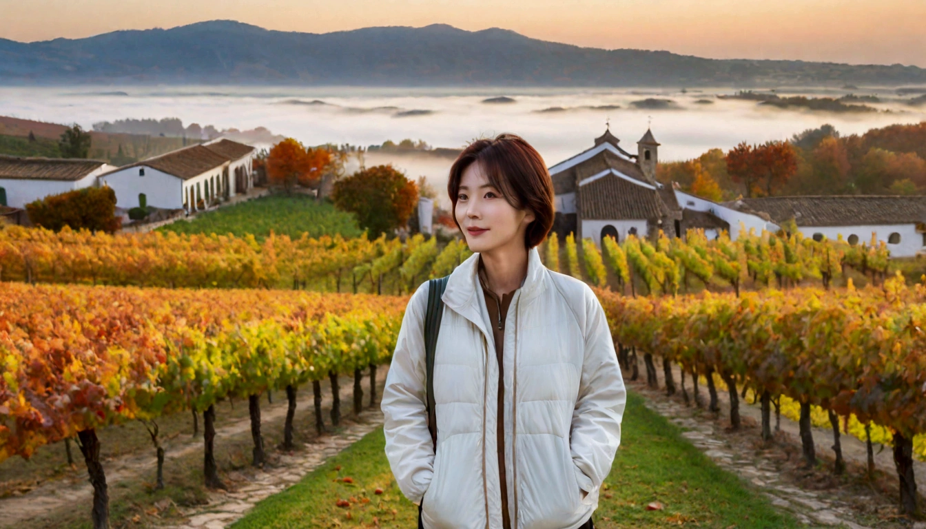 8k, 36 year old Korean woman, pretty like a model, Short hair, white shirt, Luxury brand windbreaker, casual pants, autumn, Dawn fog, path, vineyard, monastery, italian countryside village, Vivid picture quality, Realistic perfect picture quality, dawn fog, Wide angle lens shot from afar, Vivid picture quality, Delicate and perfect picture quality, smile.