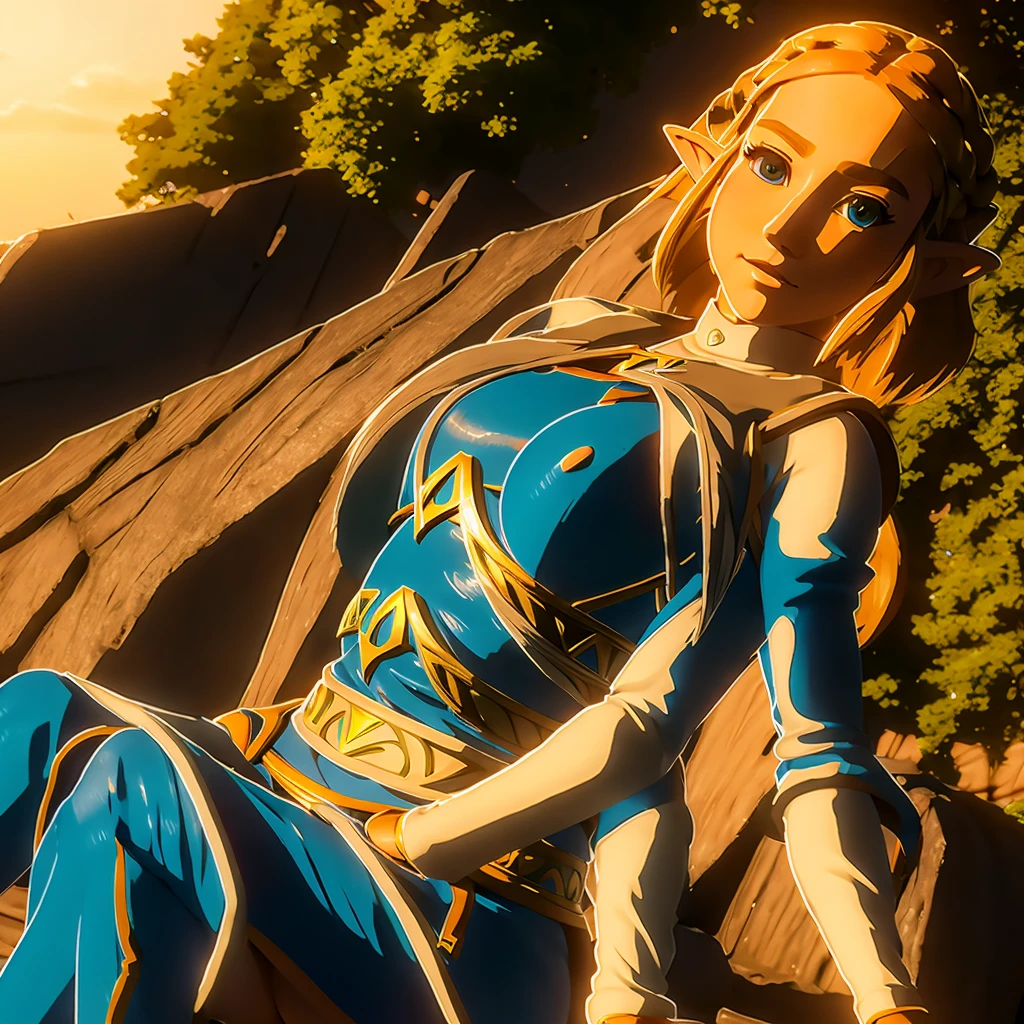 Anime girl. blonde hair. blue eyes. wind blown hair. evening. outdoors. nudity. medium breasts. kneeling. arms above head. sultry smile. Princess Zelda