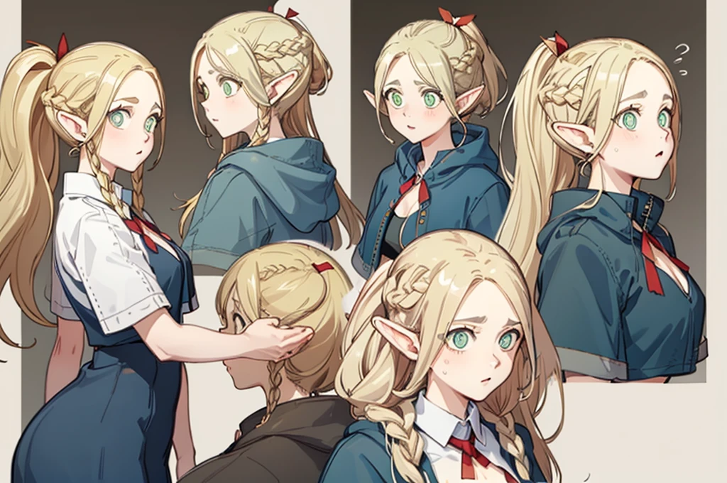 stockings,pantyhose,skirt,dress,white top,boots, fashionable clothing,(whole body,character design sheet,front,Back,side),long golden hair,single ponytail,Double tail,high ponytail,thick eyebrows, bust and waist,beautiful blonde,(masterpiece),((best quality)),(super detailed),(beautiful eyes beautiful details eyes,Clean and delicate face)