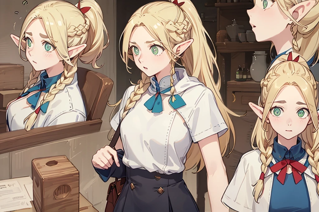 stockings,pantyhose,skirt,dress,white top,boots, fashionable clothing,(whole body,character design sheet,front,Back,side),long golden hair,single ponytail,Double tail,high ponytail,thick eyebrows, bust and waist,beautiful blonde,(masterpiece),((best quality)),(super detailed),(beautiful eyes beautiful details eyes,Clean and delicate face)