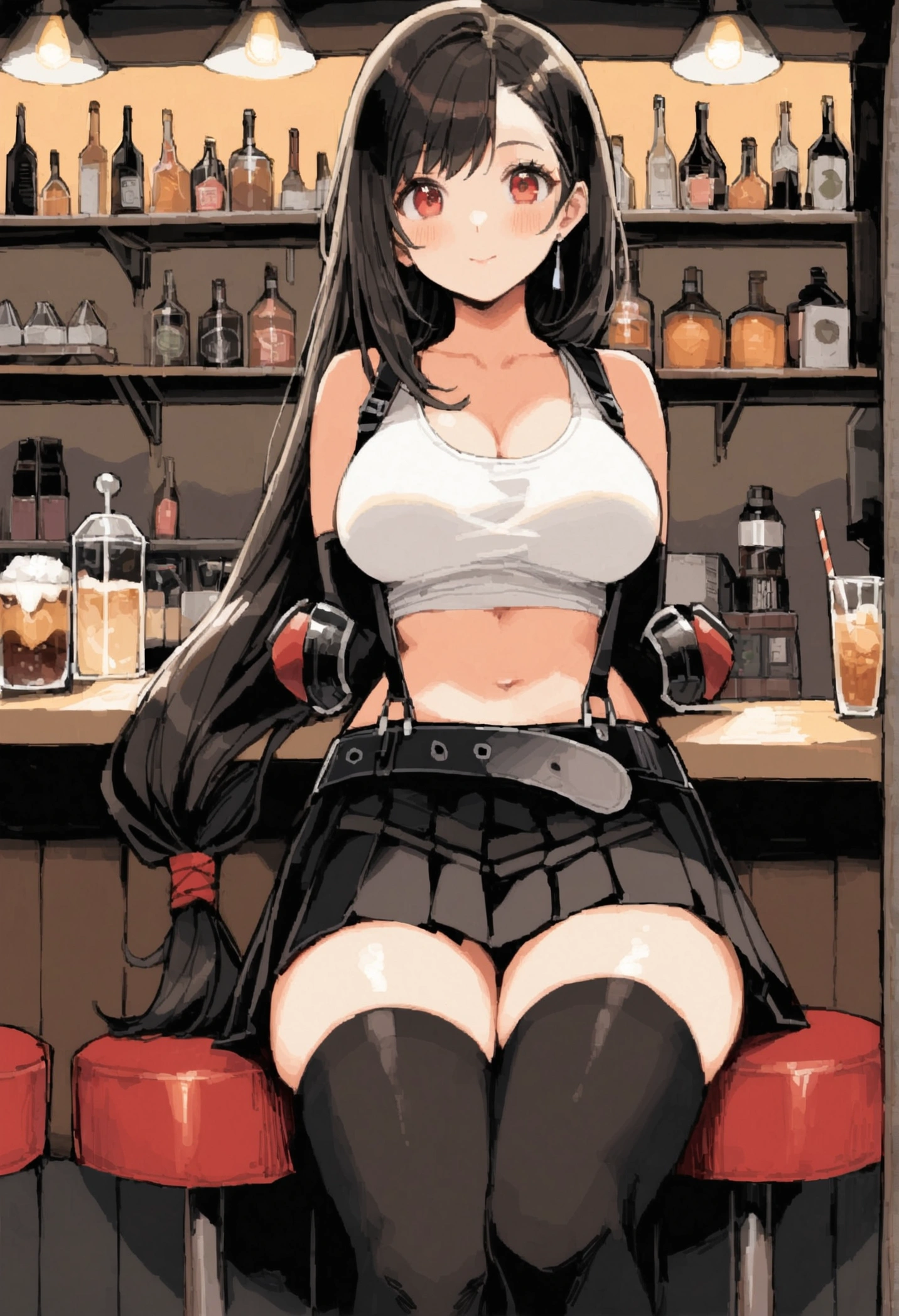 score_9, score_8_up, score_7_up,  (best quality), masterpiece,perfect anatomy,(aesthetic,very aesthetic),tegaki,illustration,ultra-high resolution, 1girl, tifa lockhart, final fantasy,(beautiful woman).tareme, black hair, low-tied long hair, red eyes, bangs, white tank top,gap, belt, pleated skirt, thighhighs, elbow fingerless gloves, elbow pads, midriff, navel,suspender skirt.zettai ryouiki ,straight-on,(feet view),leg up,(large_breasts),Solo,mediumshot,looking_at_viewer,,,sitting,cafe and bar, ,Framin,(Composition)