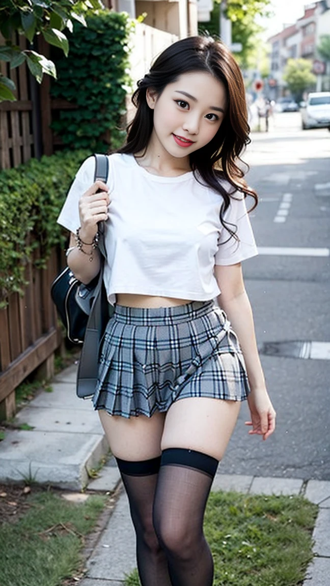  Wearing a white shirt， girl, （tight top：1.5），close your mouth and smile，legs long，((Short 暗红plaid pleated skirt:1.3))，White skin of the，high high quality，4K, Face-to-face audience, 1 plump girl，hair tying up，at the street side，（Bring your legs together：1.5），with a round face，wearing skirt, miniskirt, pleated miniskirt, wearing skirt , thighhighs and skirt, short skirt, mini-skirt, wearing a skirt, in shorts, wide skirts, thighs close up, wearing red shorts, pleated skirt, mini skirt, skirt 32 inches in the chest, (sexy pose),(standing pose) ,(full body shot)、Chest 32 inches, ,Stand on the grass and take pictures，gout, Tongue out, Tongue,
