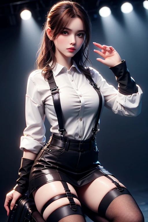 masterpiece, best quality, ultra-detailed, illustration, epic lighting, cinematic composition, isometric, 1girl, cute, petite, brown eyes, black hair, swept bangs, single sidelock, red hairclip, white collared shirt, black necktie, subway, sitting, cowboy shot, looking at viewer, sad, upset, parted lips, sleeveless, armpits, nipple bulge, (8k:1.1)