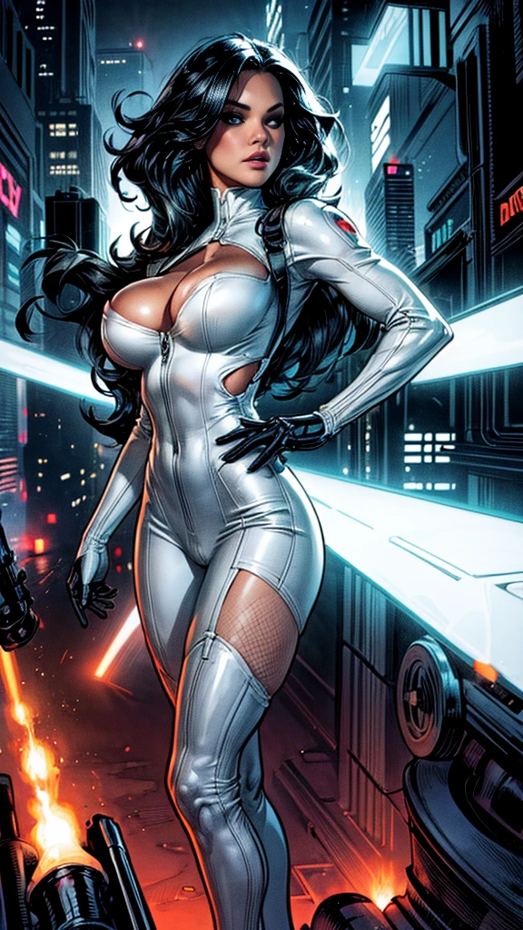 A beautiful Latina model Daisy Marie wearing a tight white silk spacesuit with white lace details, futuristic cyberpunk, full body in comic panel, entire body, bold lineart illustration comics, seductive blue eyes, parted lips, perfect curvy fitness body, nsfw, in the style of Adam Hughes, masterpiece, adult, exploring retro-futuristic aesthetics, highlighting confidence and skill, big city night, Blade Runner