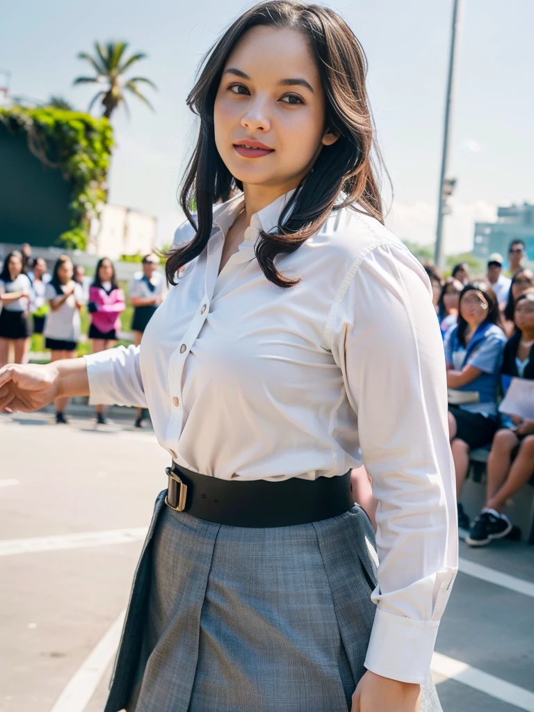 1girl, solo, (Indonesian_high_school_uniform), standing, outdoors, (ultra wide angle shot: 1.4), beautiful scenery, detailed face, detailed eyes, thick breasts, fitness body, smooth realistic skin, beautiful long hair, tight white shirt, grey blue short skirt, (looking at the audience:1.4), (ultra low angle shot:1.38), (8k, RAW photo, best quality, masterpiece: 1.2), (realistic, realistic: 1.37), ultra-high resolution