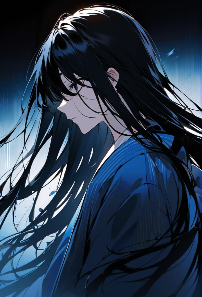 Japanese。male。Sharp black Eye。Very long black hair。profile。Plain blue kimono(Dressed in kimono)。A strong wind blows my hair back。Cover your eyes with hair。The background is blue light。Stand up straight。An illustration。picture。