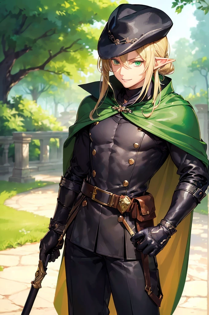 (((masterpiece; best quality: 1.2))), (finely detailed eyes: 1.3), (25 year old elf man), (solo), (green eyes: 1.4), (body; toned, fit, masculine: 1.3), (silky blonde hair in low ponytail: 1.3), (beautiful and clear background: 1.2), ((depth of field)), (equipment: adventurer garb + modest + elegant slim wide-brim hat + dark coat + tunic + dark long cape + black pants + gloves + belt + pouches: 1.3), (anime illustration: 1.2), (background composition; royal garden: 1.1), (extremely fine and handsome: 1.1), (shot composition; standing + centered on torso + close-up: 1.5), (expression; calm, smile: 1.2)