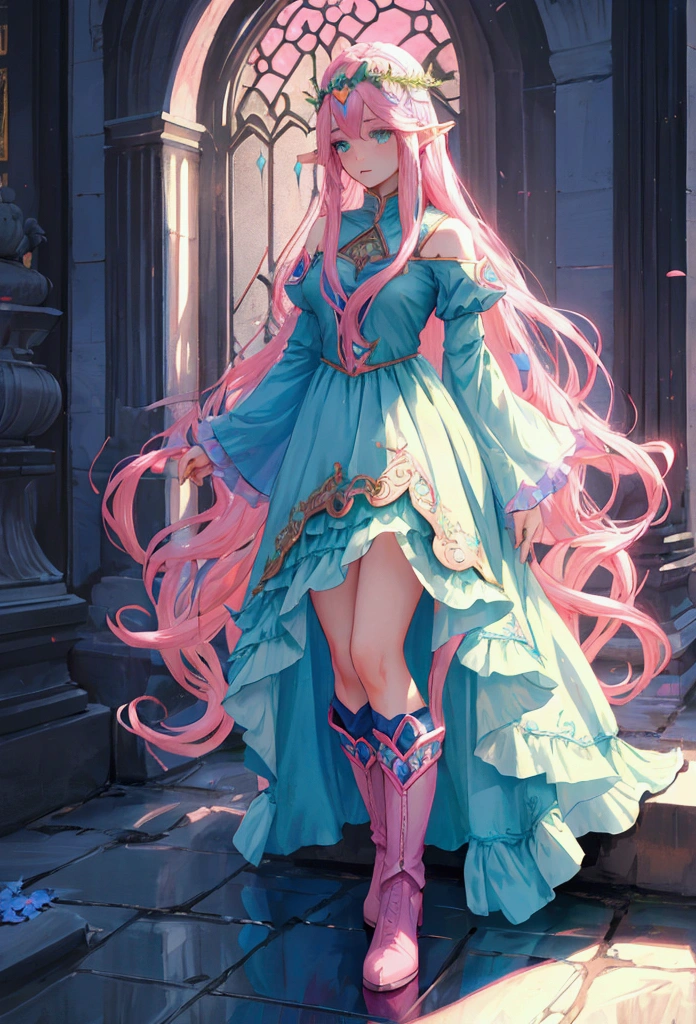 beautiful adult women elf, long pink hair and blue streaks hair, green eyes, with flower crown, boots, blue dress, pink skirt and black sleeves, full body
