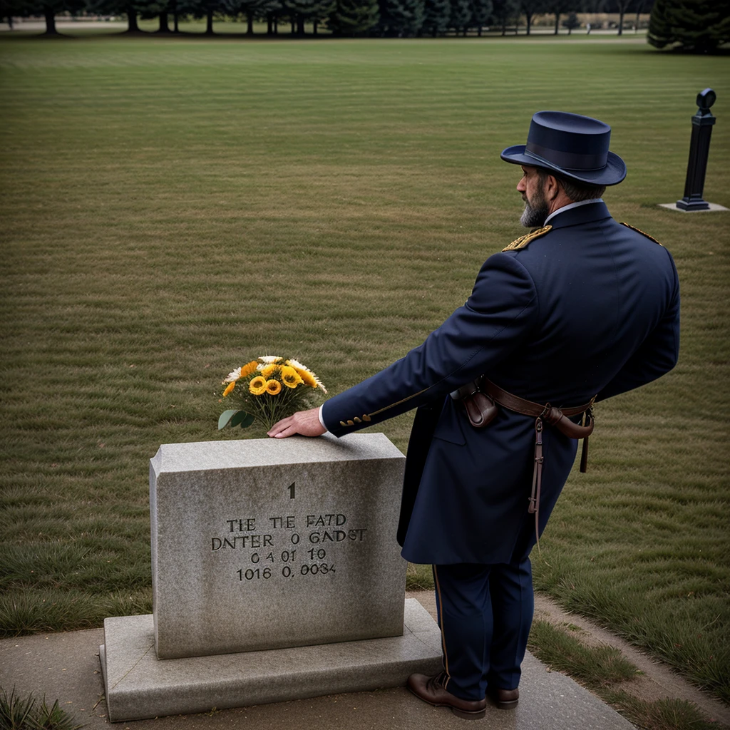 Ulysses S. Grant ,Grant places flowers on his ancestor's grave ,photo ,young ,sad ,Back view ,Holding his hat