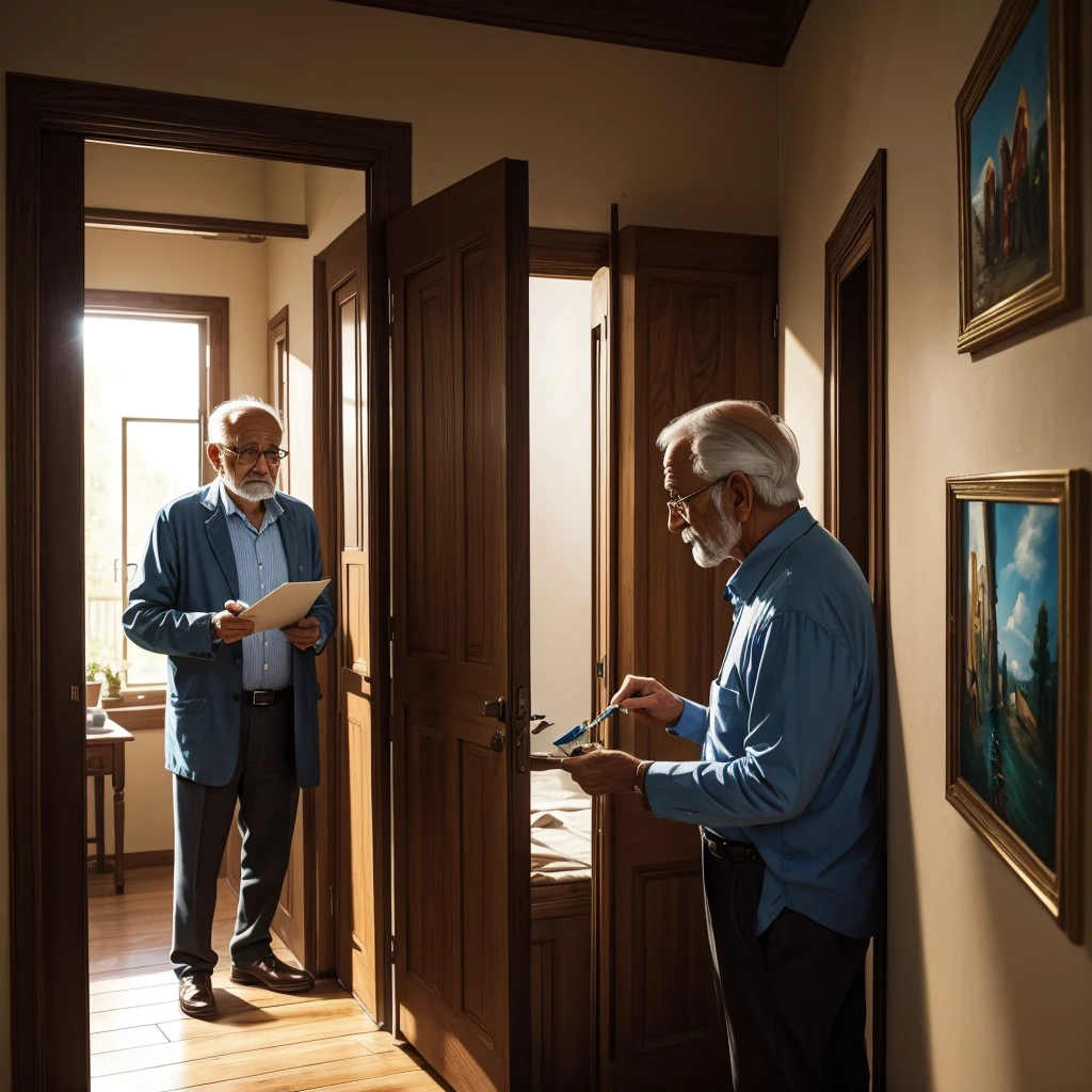 Old man notices that a woman has entered his premises and is looking at his paintings in wonder