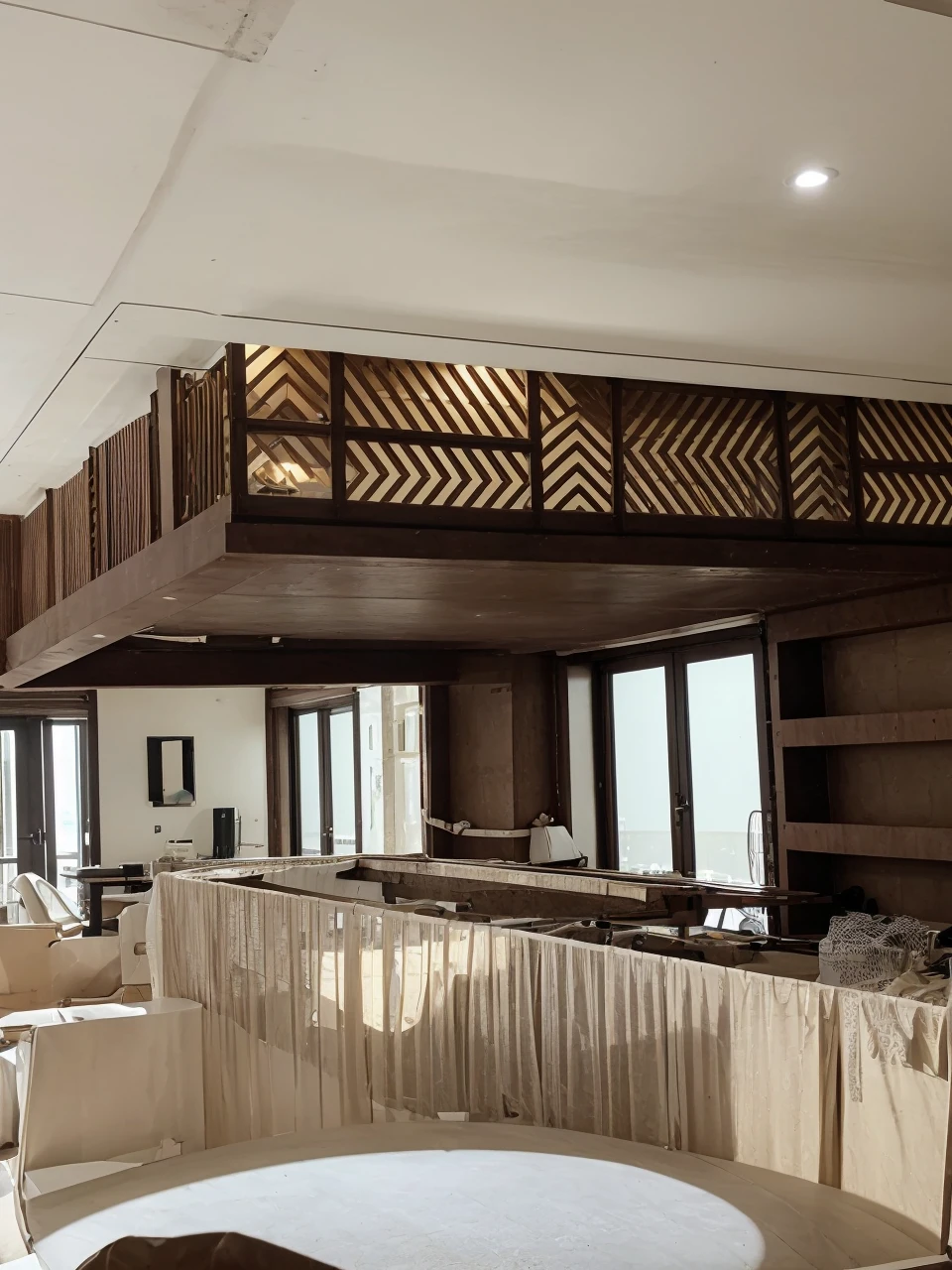 create decorative CNC ceiling based on the pictures , above mica ceiling with light went through, downlight+ spot light installed under ceiling