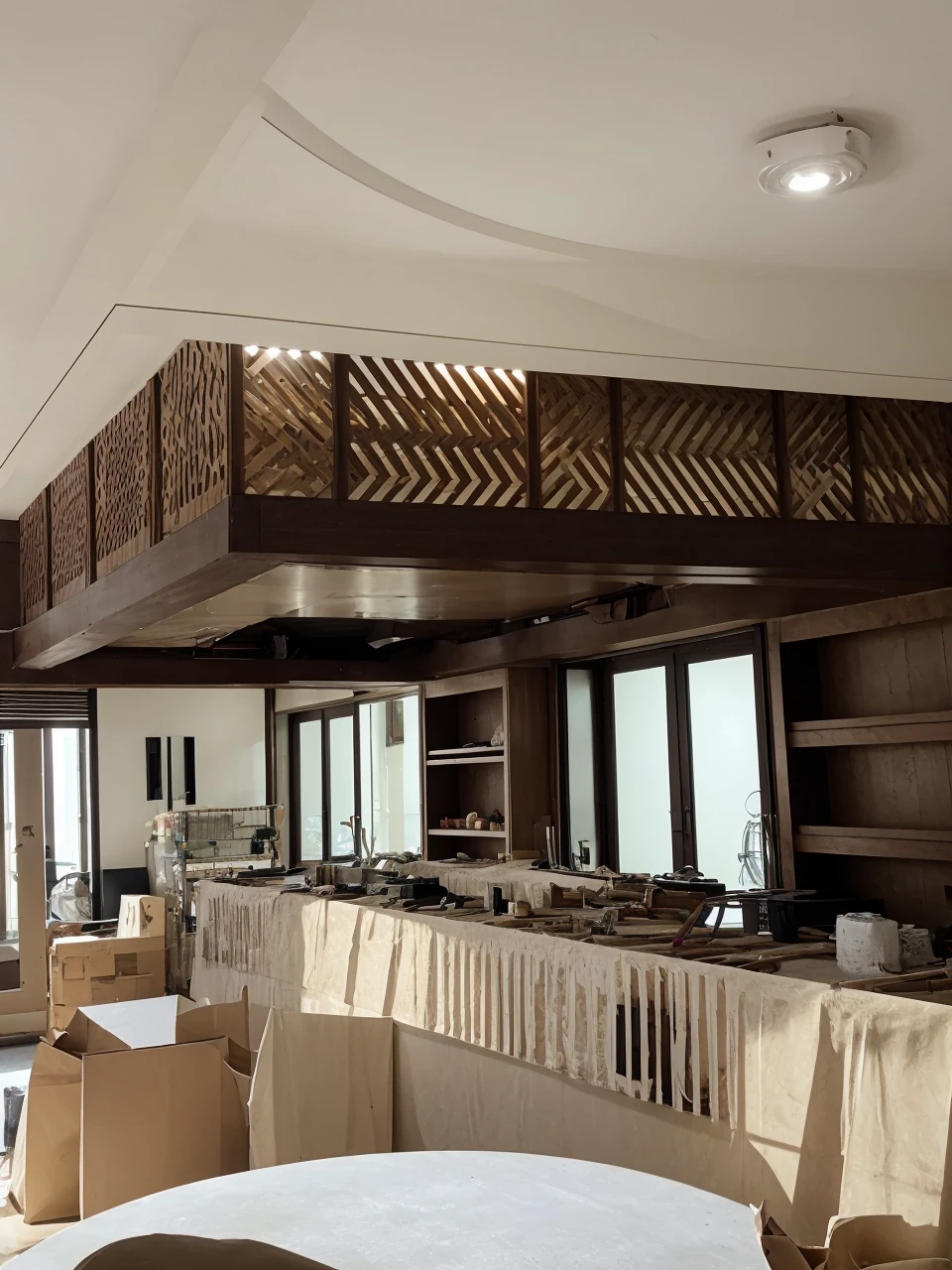 create decorative CNC ceiling based on the pictures , above mica ceiling with light went through, downlight+ spot light installed under ceiling