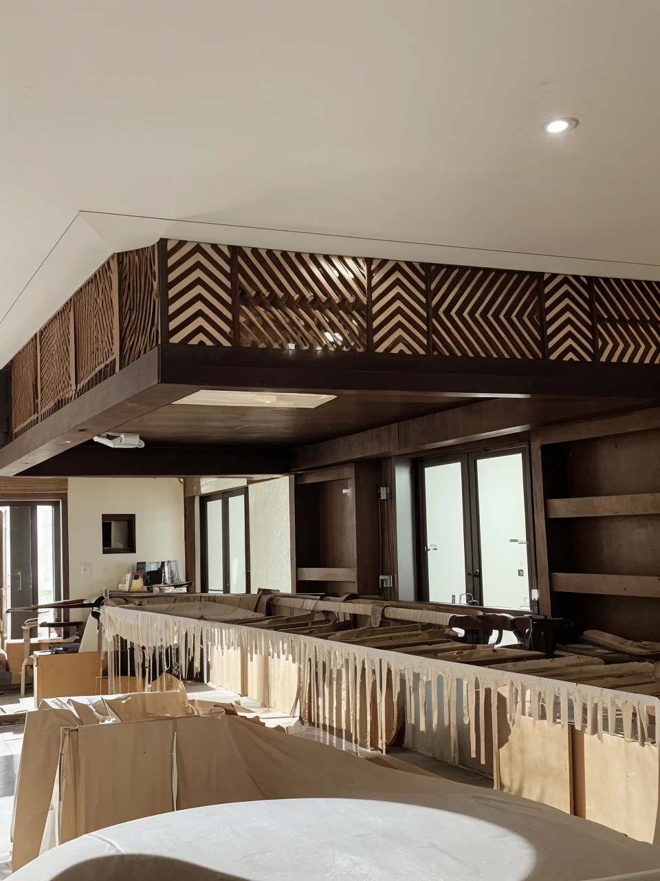 create decorative CNC ceiling based on the pictures , above mica ceiling with light went through, downlight+ spot light installed under ceiling