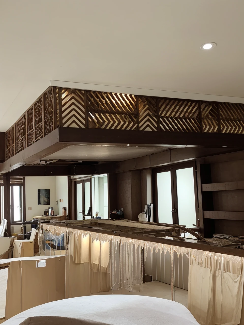 create decorative CNC ceiling based on the pictures , above mica ceiling with light went through, downlight+ spot light installed under ceiling