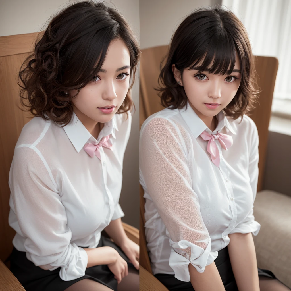 (RAW photo, best quality), (realistic, photo-realistic:1.3), masterpiece, an extremely delicate and beautiful, extremely detailed, CG, unity, 8k, amazing, finely detail, ultra-detailed, highres, absurdres, soft light, (black hair, short hair, curly hair, messy hair, bangs), beautiful detailed girl, detailed fingers, extremely detailed eyes and face, beautiful detailed nose, beautiful detailed eyes, (light on face), looking at viewer, (closed mouth:1.2), 1girl, cute, young, mature face, pale skin, (half body:1.3, sitting), (medium breasts), realistic face, realistic body, beautiful detailed thigh, (ulzzang-6500-v1.1:0.6), (white shirt, collared shirt, lace, black miniskirt, pantyhose, detached sleeves, bowtie), (semi smile:1.3), (aegyo sal:1), (kpop idol:1), relaxed,
