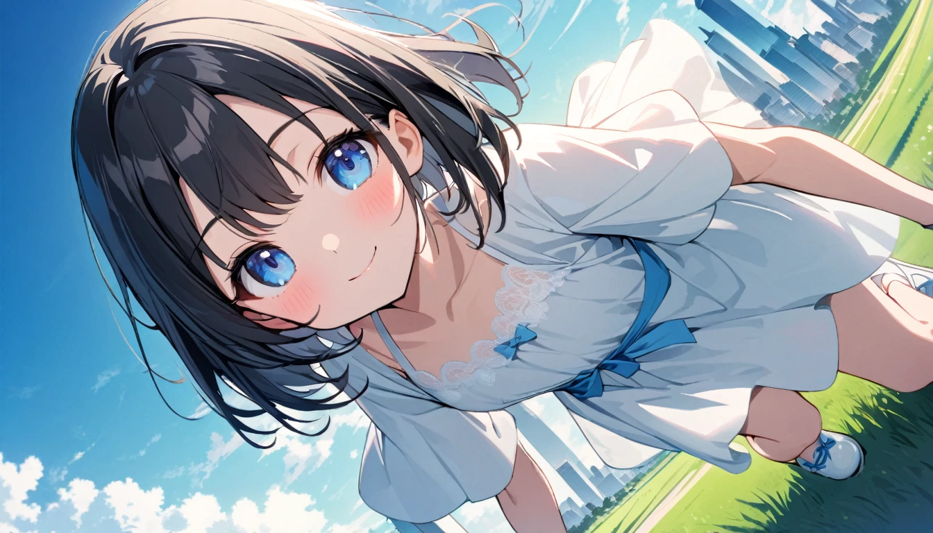 beautiful 1girl, solo, gentle smile on her face flat chest, short hair, black hair, beautiful blue eyes, Wide sky,the beautiful skyline,grass field,,Colorful natural light。delicate legs,Small white shoes,white dresses,ultra-wide-angle,short black hair,