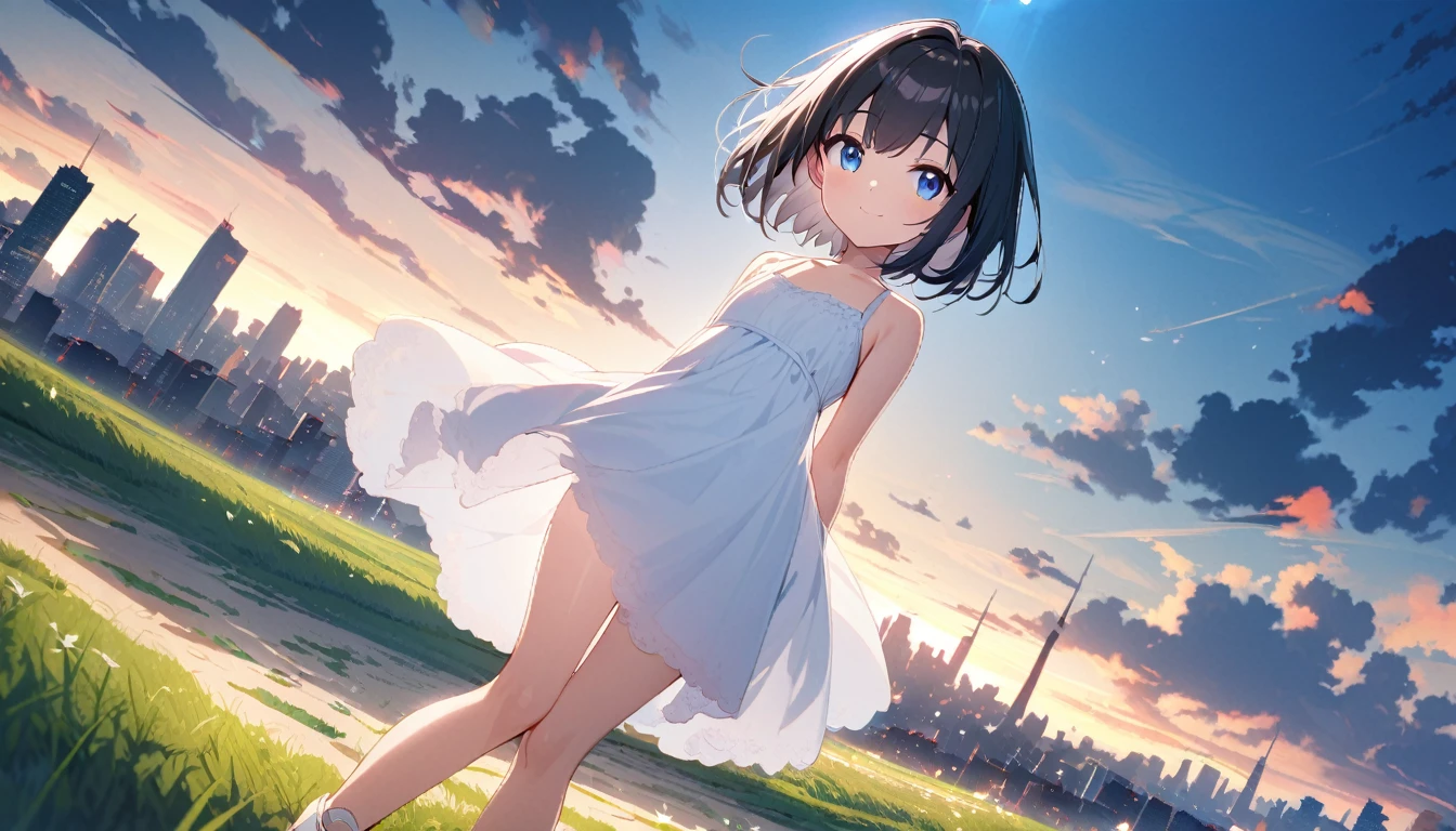 beautiful 1girl, solo, gentle smile on her face flat chest, short hair, black hair, beautiful blue eyes, Wide sky,the beautiful skyline,grass field,,Colorful natural light。delicate legs,Small white shoes,white dresses,ultra-wide-angle,short black hair,