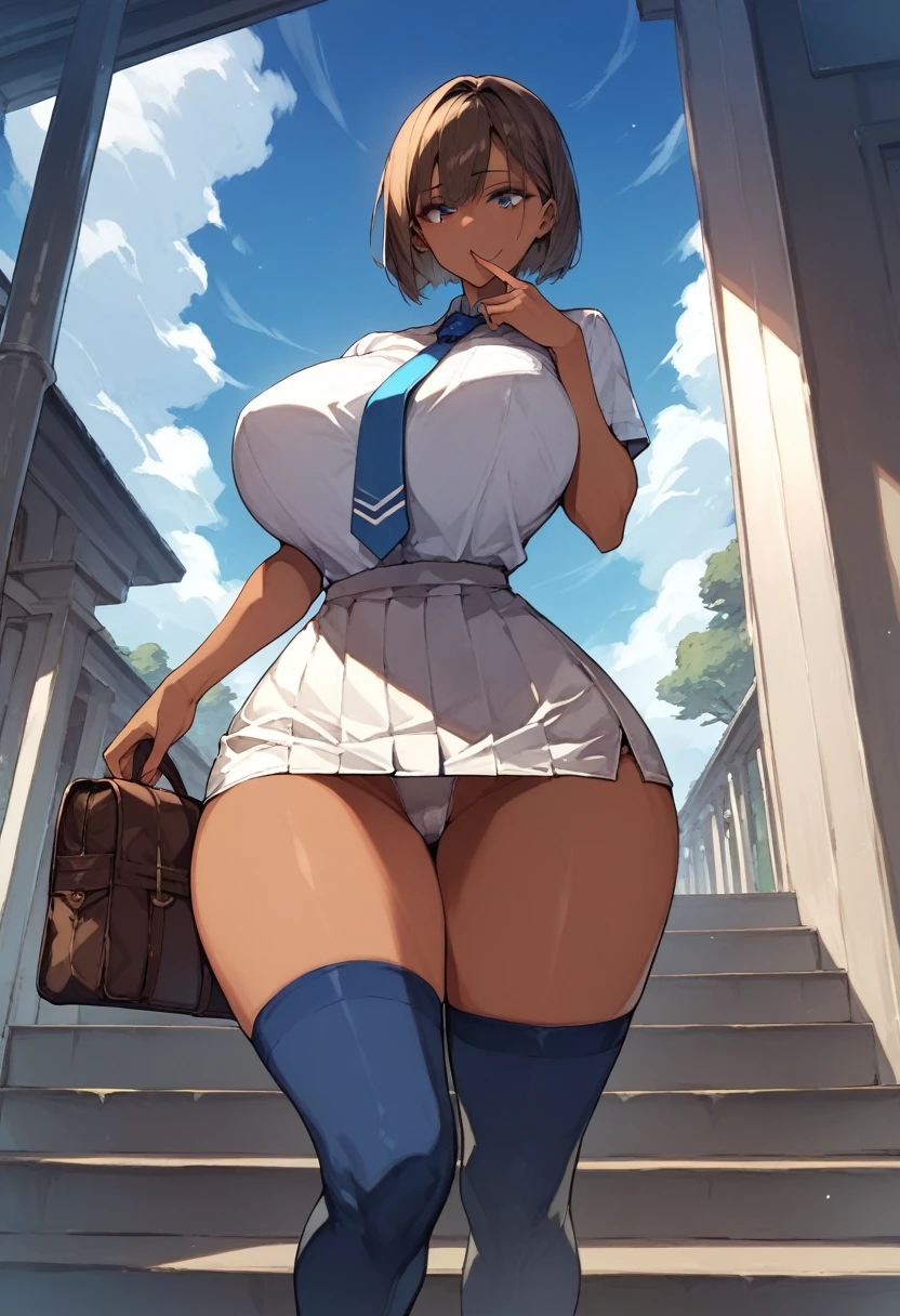 1girl, ((dark blue inside with brown hair outside inverted bob haircut, dark blue inverted bob hairstyle, dark blue eyes)), (((extremely busty, extremely wide hips, extremely big ass))), slightly tan skin, (wearing Japanese white high school with white skirt and blue tie, wearing dark blue stockings, wearing brown loafers, wearing white panties), looking at viewers, slightly cloudy, sunset sky, slightly cloudy, on bottom of flight of stairs, park background, ((one hand up to mouth, wrapping finger around mouth,school brown satchel hanging on right shoulder)), mouth open, tongue sticking out,