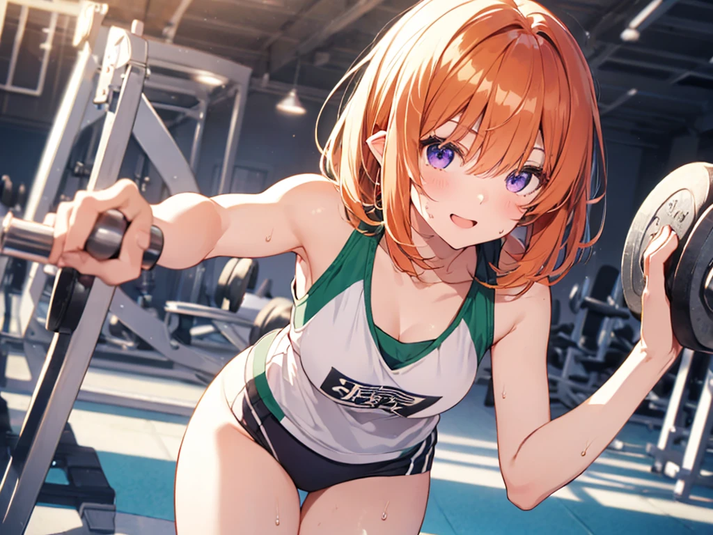 Woman with dumbbells, Elf Ears, Training Gym, Highest quality, Best image quality,Perfect Anatomy,masterpiece,Ultra-detailed,beautiful,super high quality, Highest quality,High resolution, Very detailed,Game CG,Dutch Angle ,beautiful細部までこだわった目,Visual Arts,Five Fingers, Perfect hands,Hide your hands, {{{One Girl}}}, beautiful詳細な***, Game CG, One curl on the outside, Short Bob Hair, Pastel orange hair, Purple eyes, breast enhancement, Medium Shoot, woman, Take-out, Laughter, huge , Pastel green training wear, sportswear, {{{{{Wearing a pastel green tank top}}}}},Open your mouth, wonderful, beautiful細部までこだわった目, Highest quality, Very delicate,Masseter muscle area,Highest quality,(Official Art、Highest quality、Unity 8k wallpaper、32K、masterpiece、Ultra-detailed、超High resolution、Realistic、Photorealistic:1.2)、(Cinema Lighting:1.2)、Fire Glow Effect、The most grainy shadows on the film、Side light、Side Shot、(Ultra-detailedで複雑な3Dレンダリング)、Atelier Series,training, Sweat, Hot body, steam, athletic field