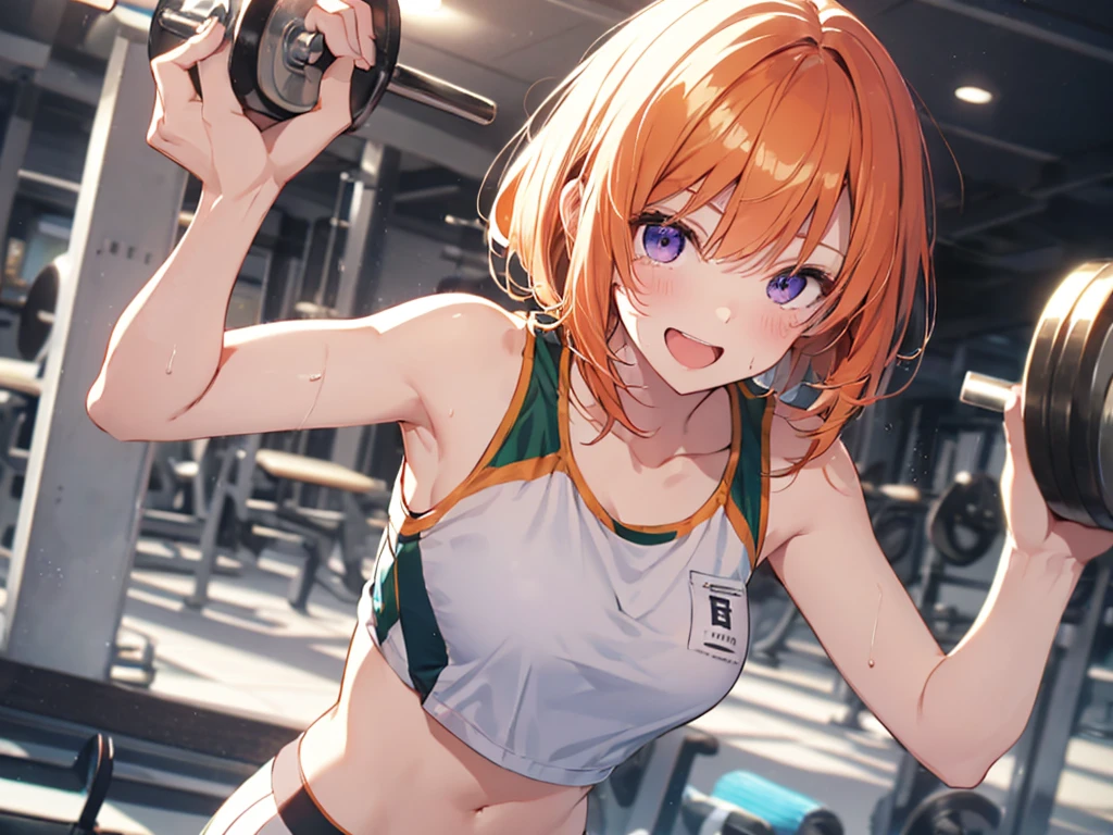 Woman with dumbbells, Elf Ears, Training Gym, Highest quality, Best image quality,Perfect Anatomy,masterpiece,Ultra-detailed,beautiful,super high quality, Highest quality,High resolution, Very detailed,Game CG,Dutch Angle ,beautiful細部までこだわった目,Visual Arts,Five Fingers, Perfect hands,Hide your hands, {{{One Girl}}}, beautiful詳細な***, Game CG, One curl on the outside, Short Bob Hair, Pastel orange hair, Purple eyes, breast enhancement, Medium Shoot, woman, Take-out, Laughter, huge , Pastel green training wear, sportswear, {{{{{Wearing a pastel green tank top}}}}},Open your mouth, wonderful, beautiful細部までこだわった目, Highest quality, Very delicate,Masseter muscle area,Highest quality,(Official Art、Highest quality、Unity 8k wallpaper、32K、masterpiece、Ultra-detailed、超High resolution、Realistic、Photorealistic:1.2)、(Cinema Lighting:1.2)、Fire Glow Effect、The most grainy shadows on the film、Side light、Side Shot、(Ultra-detailedで複雑な3Dレンダリング)、Atelier Series,training, Sweat, Hot body, steam, athletic field