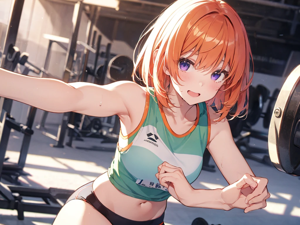 Woman with dumbbells, Elf Ears, Training Gym, Highest quality, Best image quality,Perfect Anatomy,masterpiece,Ultra-detailed,beautiful,super high quality, Highest quality,High resolution, Very detailed,Game CG,Dutch Angle ,beautiful細部までこだわった目,Visual Arts,Five Fingers, Perfect hands,Hide your hands, {{{One Girl}}}, beautiful詳細な***, Game CG, One curl on the outside, Short Bob Hair, Pastel orange hair, Purple eyes, breast enhancement, Medium Shoot, woman, Take-out, Laughter, huge , Pastel green training wear, sportswear, {{{{{Wearing a pastel green tank top}}}}},Open your mouth, wonderful, beautiful細部までこだわった目, Highest quality, Very delicate,Masseter muscle area,Highest quality,(Official Art、Highest quality、Unity 8k wallpaper、32K、masterpiece、Ultra-detailed、超High resolution、Realistic、Photorealistic:1.2)、(Cinema Lighting:1.2)、Fire Glow Effect、The most grainy shadows on the film、Side light、Side Shot、(Ultra-detailedで複雑な3Dレンダリング)、Atelier Series,training, Sweat, Hot body, steam, athletic field