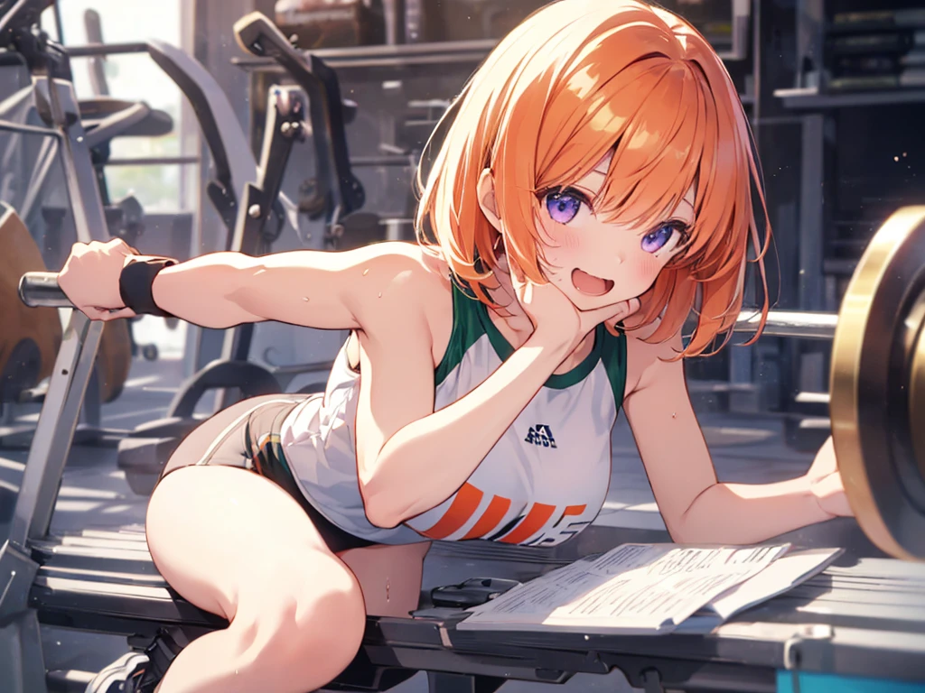 Woman with dumbbells, Elf Ears, Training Gym, Highest quality, Best image quality,Perfect Anatomy,masterpiece,Ultra-detailed,beautiful,super high quality, Highest quality,High resolution, Very detailed,Game CG,Dutch Angle ,beautiful細部までこだわった目,Visual Arts,Five Fingers, Perfect hands,Hide your hands, {{{One Girl}}}, beautiful詳細な***, Game CG, One curl on the outside, Short Bob Hair, Pastel orange hair, Purple eyes, breast enhancement, Medium Shoot, woman, Take-out, Laughter, huge , Pastel green training wear, sportswear, {{{{{Wearing a pastel green tank top}}}}},Open your mouth, wonderful, beautiful細部までこだわった目, Highest quality, Very delicate,Masseter muscle area,Highest quality,(Official Art、Highest quality、Unity 8k wallpaper、32K、masterpiece、Ultra-detailed、超High resolution、Realistic、Photorealistic:1.2)、(Cinema Lighting:1.2)、Fire Glow Effect、The most grainy shadows on the film、Side light、Side Shot、(Ultra-detailedで複雑な3Dレンダリング)、Atelier Series,training, Sweat, Hot body, steam, athletic field