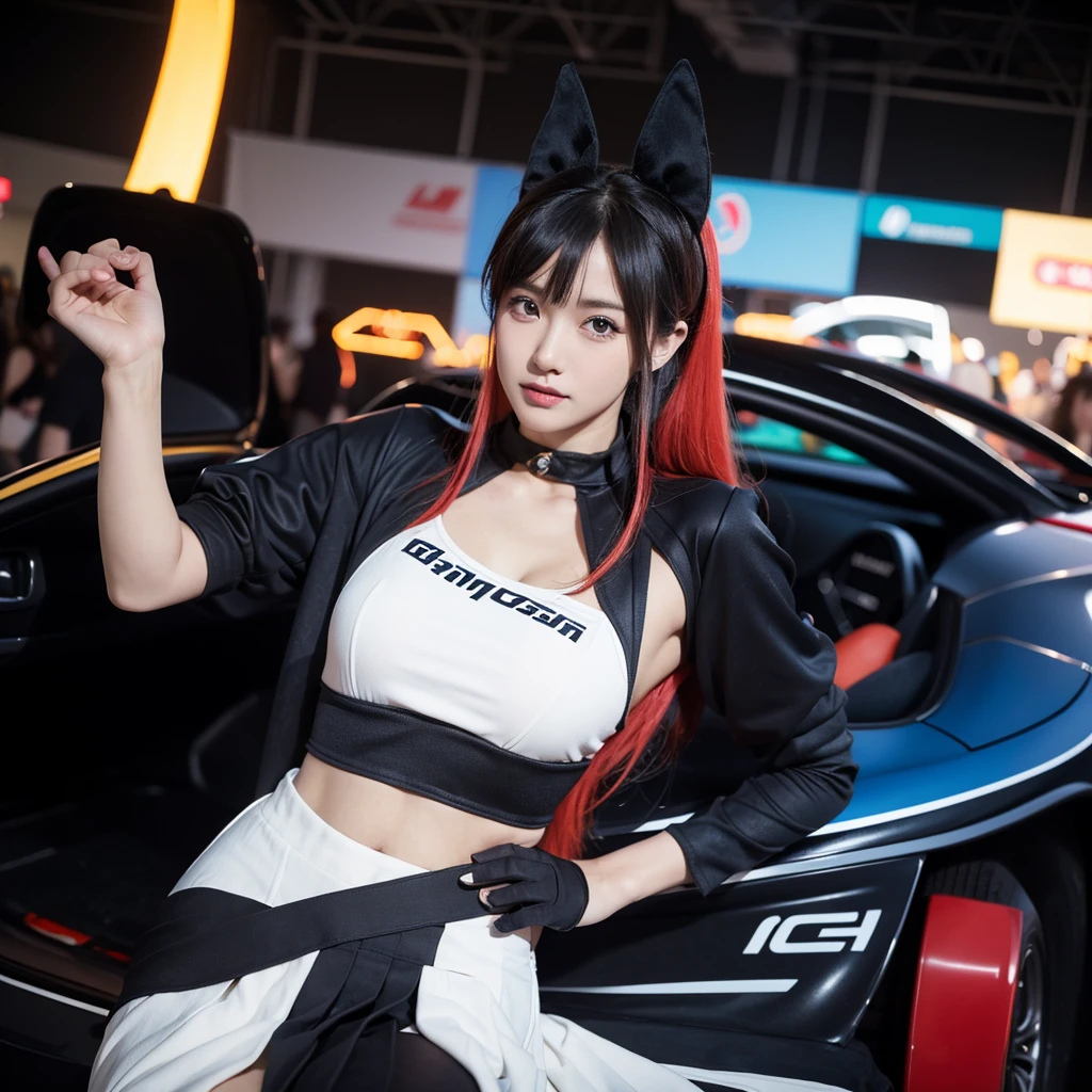 Ultra detailed face、Cool woman、Colorful costumes、F1 Driver Cosplay、Colorful costumes、Clothing with company logo、Grid Girlsのカラフルで派手な衣装、Grid Girls、Perfect Face、Paddock Girls、Harem、motor Show、tights、Bodycon Costumes、Grid Girls、Russia、Grid Girlsのコスプレ、belly button、Pleated skirt、Bodycon Costumes、Photographed in a sexy pose
