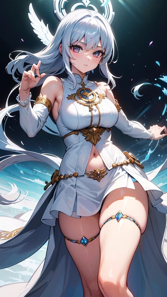 a legendary key in one and two parts, they are shiny silver-white, intricate sacred details, divine , short cowboy fireskirt, reveal body