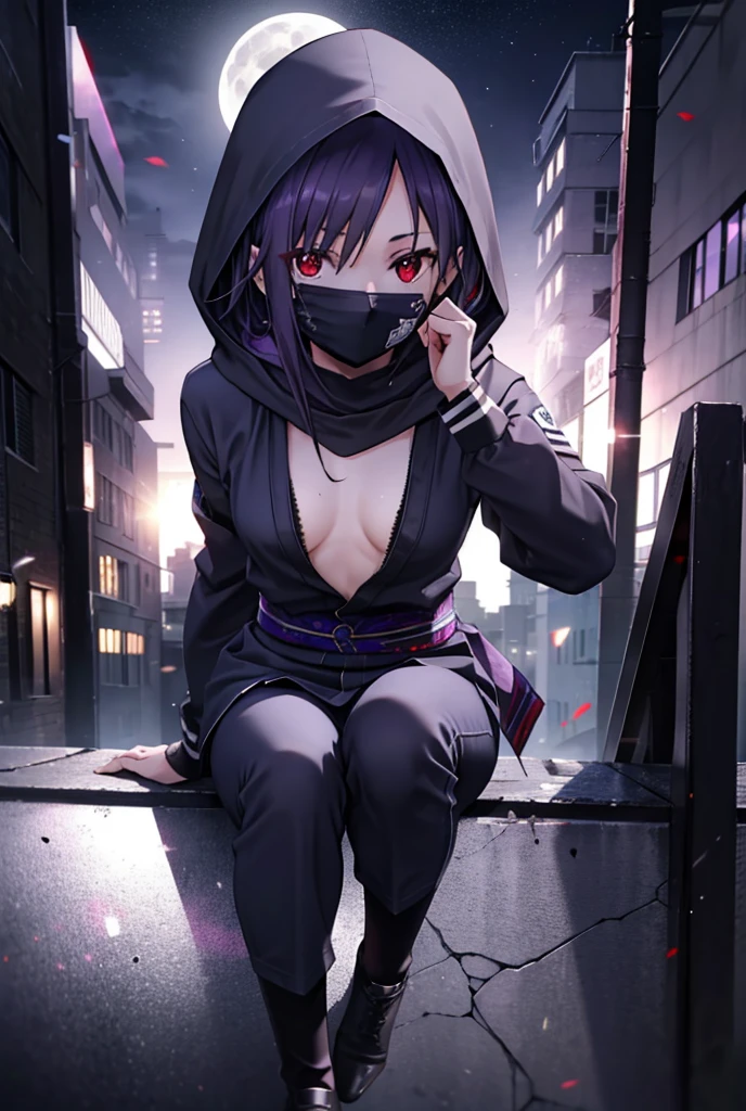yuukikonno, Yuki Konno, hair band, Long Hair, Pointed Ears, Purple Hair, (Red eyes:1.5), (Small breasts:1.2),Hooded,cover your mouth with a black scarf,strict,black Ninja uniform,Ninja,black Ninja pants,short boots,Action pose,Overlooking the city from the roof of the building,moon,moon明かり,night,moon光,whole bodyがイラストに入るように,
break looking at viewer, whole body,
break outdoors ,Medieval European-style building,
break (masterpiece:1.2), Highest quality, High resolution, unity 8k wallpaper, (shape:0.8), (Beautiful and beautiful eyes:1.6), Highly detailed face, Perfect lighting, Extremely detailed CG, (Perfect hands, Perfect Anatomy),