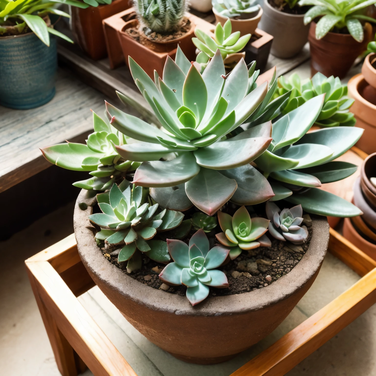 a succulent plant in a flower pot, extremely detailed, best quality, 4k, 8k, high resolution, masterpiece, ultra-detailed, realistic, photorealistic, studio lighting, vibrant colors, natural lighting, lush foliage, intricate textures, botanicalillustration, detailed leaves and stems, potted plant, ceramic pot, clay pot, indoor setting, natural shadows, warm tones, earthy palette