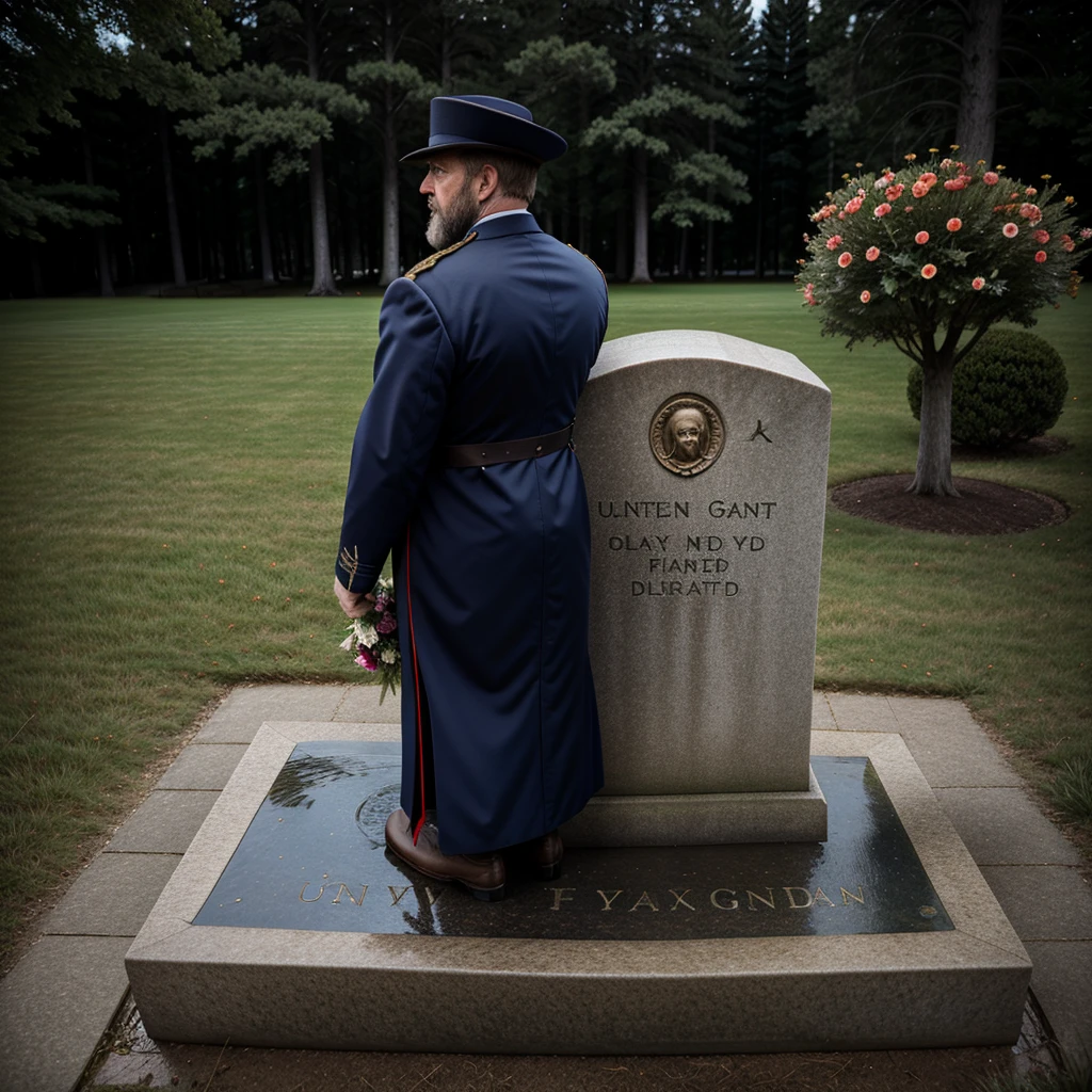 Ulysses S. Grant ,Grant places flowers on his ancestor's grave ,photo ,young ,sad ,Back view ,Holding his hat
