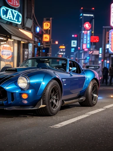 (full body), shelby cobra,  (A woman in a mechanic suit stands next to Shelby Cobra),((beatiful detailed cyberpunk city)),((streets with neon lights)),dutch angle shot,
