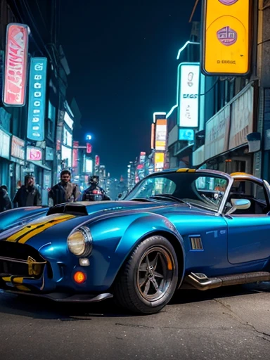 (full body), shelby cobra, (A woman in a mechanic suit stands next to Shelby Cobra),((beatiful detailed cyberpunk city)),((streets with neon lights)),dutch angle shot,
