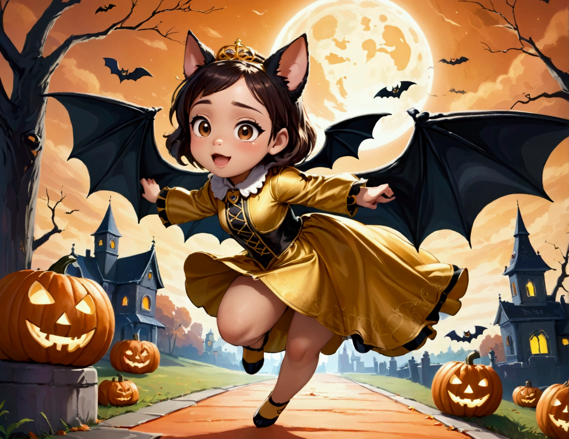 A flying puppy with bat wings, Halloween night, looking cute as he flying chases a girl in a princess costume
