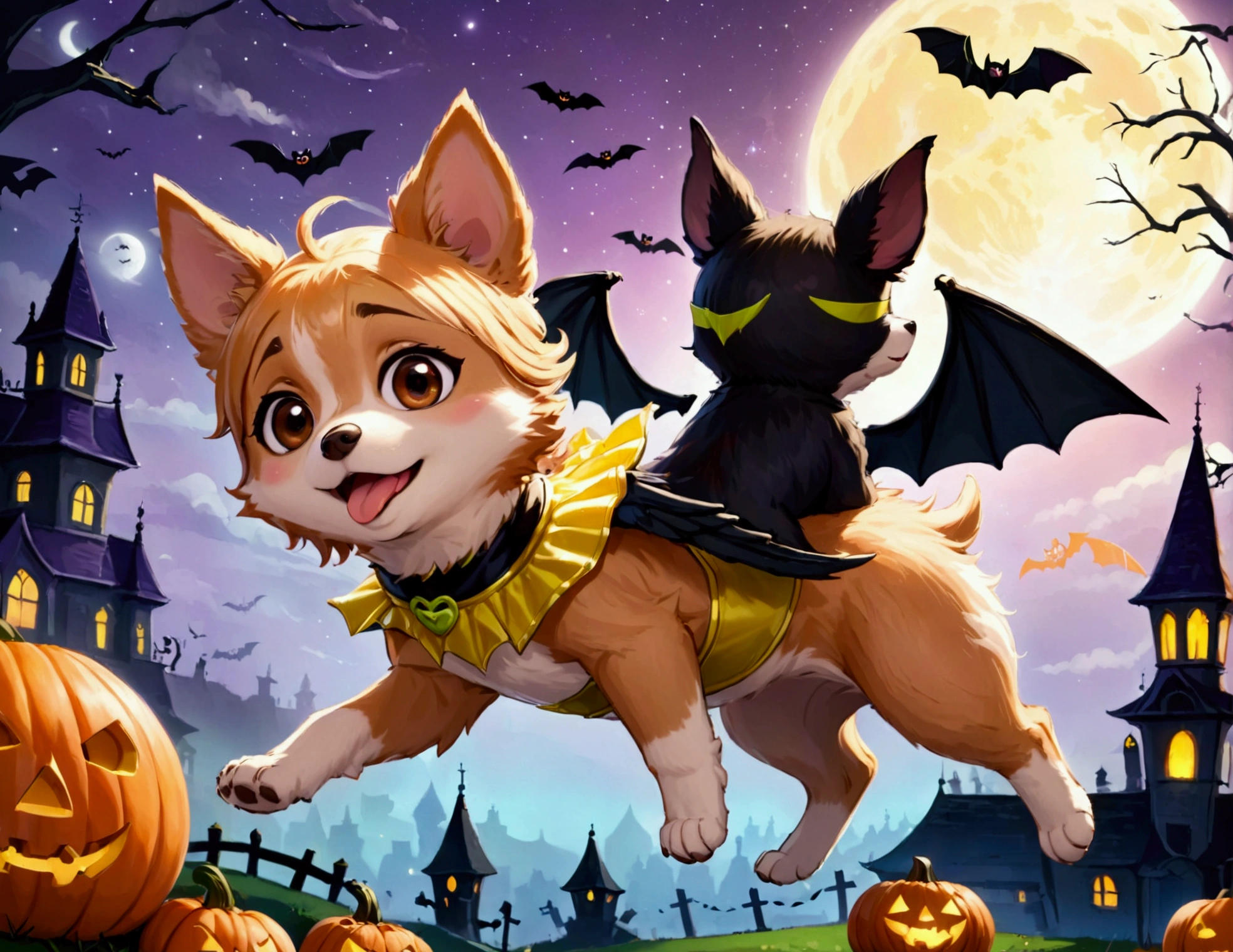 A flying puppy with bat wings, Halloween night, looking cute as he flying chases a girl in a princess costume
