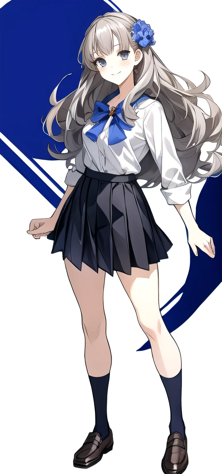 masterpiece, best quality,fuyusaka iori 1, 1girl, solo, hair flower, white shirt, short skirt, pleated skirt, black skirt, shoes, hair ornament, flower, long hair, full body, socks, gray hair, white flower, gray eyes, looking at viewer, white background, middle breast, smile, shameful face, slander, standing, loafers, cowboy shot