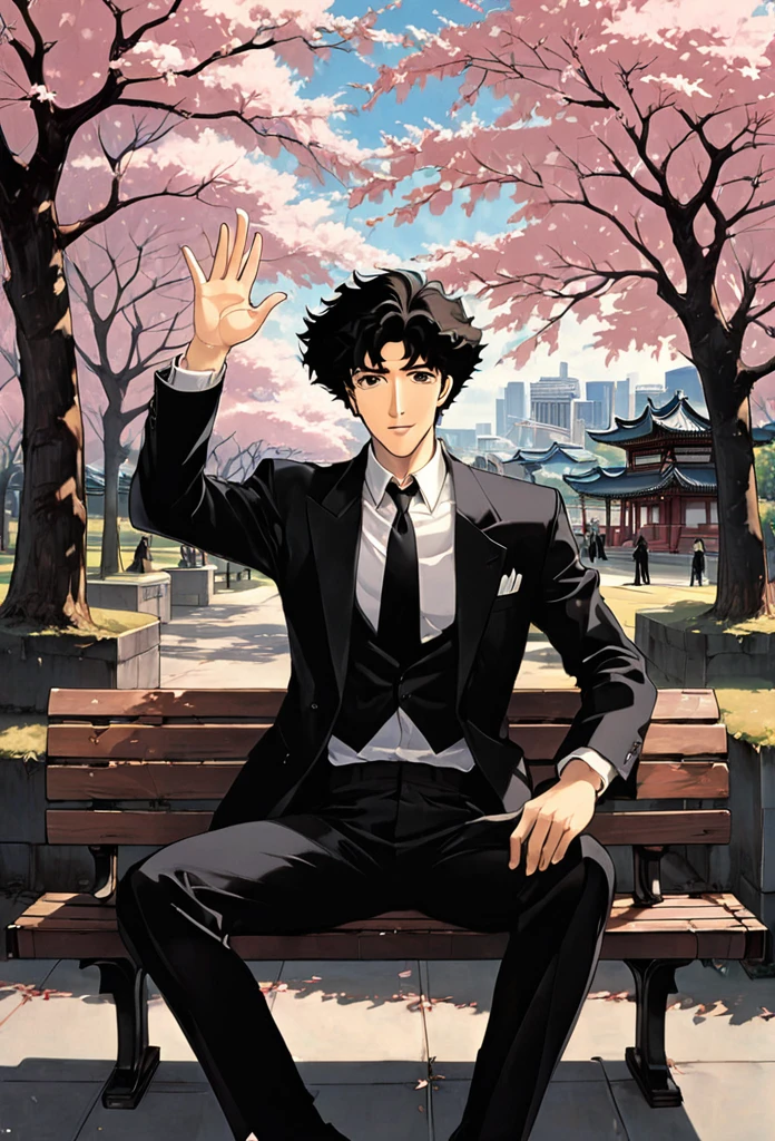 Cherry blossom park,A man sitting on a bench, Black Suit,A loose black tie,Black eyes, smile, Black Hair, Raising one hand towards the camera,1990s style, (masterpiece, Highest quality, Professional, Perfect composition, so beautiful, Absurd, Very detailed, Intricate details:1.3),cowboybebop,Spike Spiegel