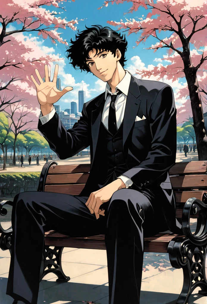 Cherry blossom park,A man sitting on a bench, Black Suit,A loose black tie,Black eyes, smile, Black Hair, Raising one hand towards the camera,1990s style, (masterpiece, Highest quality, Professional, Perfect composition, so beautiful, Absurd, Very detailed, Intricate details:1.3),cowboybebop,Spike Spiegel