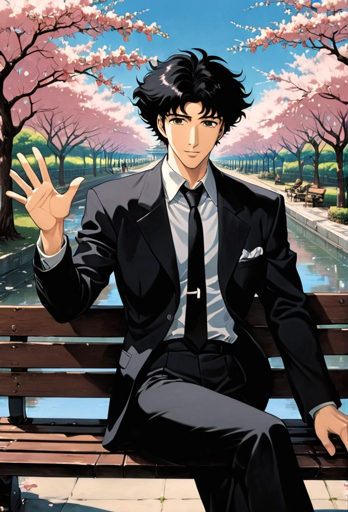 Cherry blossom park,A man sitting on a bench, Black Suit,A loose black tie,Black eyes, smile, Black Hair, Raising one hand towards the camera,1990s style, (masterpiece, Highest quality, Professional, Perfect composition, so beautiful, Absurd, Very detailed, Intricate details:1.3),cowboybebop,Spike Spiegel