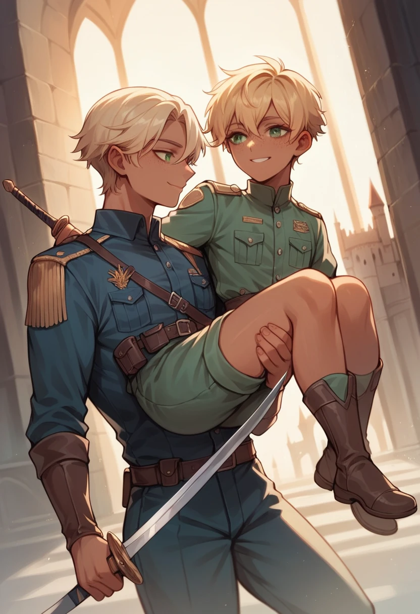 Detailed illustration, ultra detailed, illustration, dynamic angle, best quality, beautiful, 1boy, femboy, short blonde hair, green eyes, light freckles, lithe build, gentle smile, ranger outfit, tan skin, carrying sword, castle setting