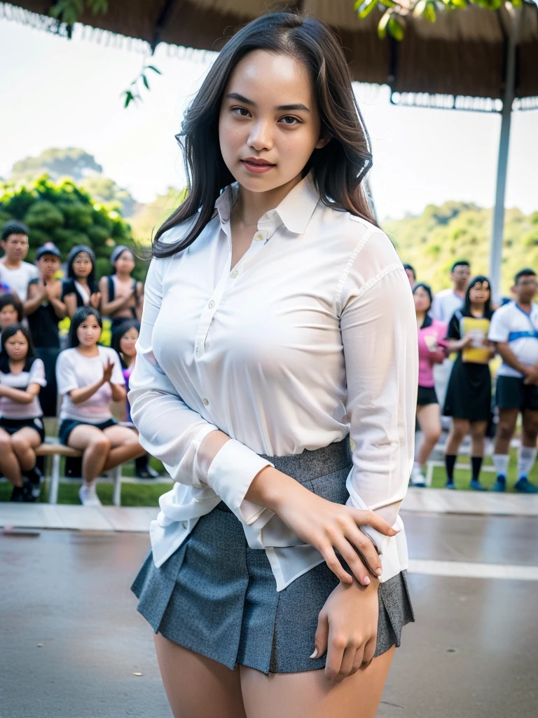 1girl, solo, (Indonesian_high_school_uniform), standing, outdoors, (ultra wide angle shot: 1.4), beautiful scenery, detailed face, detailed eyes, thick breasts, fitness body, smooth realistic skin, beautiful long hair, tight white shirt, grey blue tight miniskirt, (looking at the audience:1.4), (ultra low angle shot:1.38), (8k, RAW photo, best quality, masterpiece: 1.2), (realistic, realistic: 1.37), ultra-high resolution
