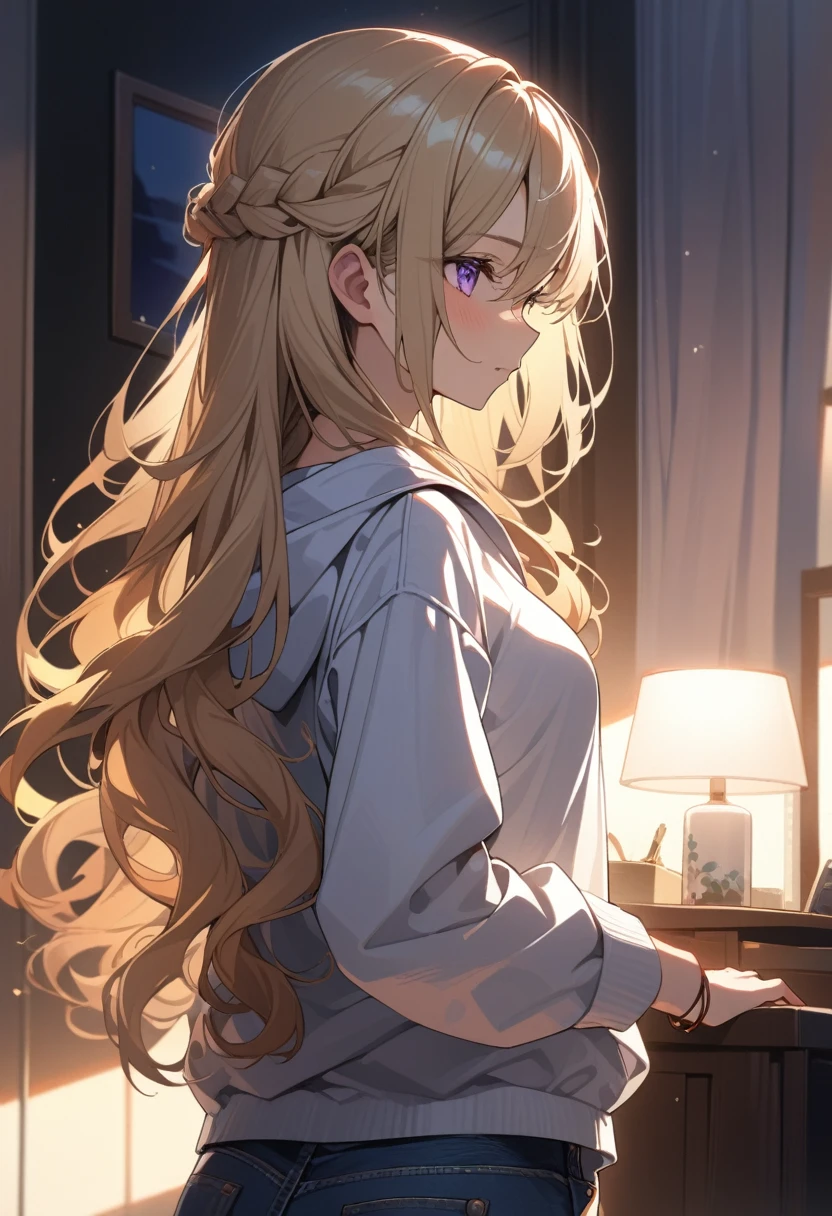 masterpiece, best quality, extremely detailed, ultra detailed, flat anime, 2D, 1girl, (young adult:1.2),blonde hair, (semi-long hair:1.2), curly hair, french braid, medium breasts, purple eyes, tsurime, height 1.7meters, white hooded sweatshirt, jeans,bracelet, long sleeves,socks, upper body, portrait, moonlight, Back Light, , very interesting, summer, livingroom, 12AM., standing